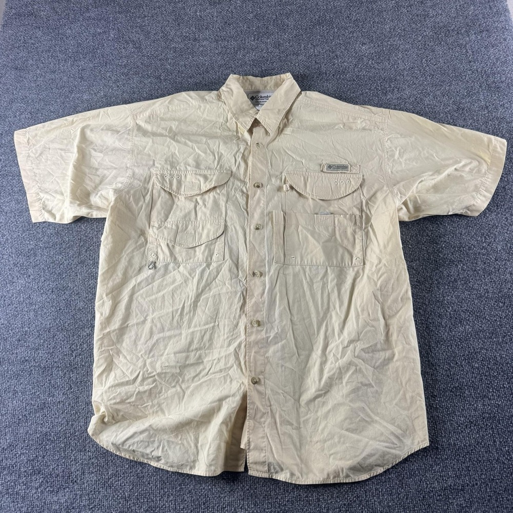 Columbia PFG Shirt Mens L Yellow Short Sleeve Button Up Fishing Vented Outdoor